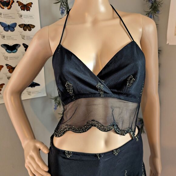 Vintage 90s y2k Kitty Halter Top 2 Piece Set Flare Pants Floral Gold Fairycore - Picture 15 of 16